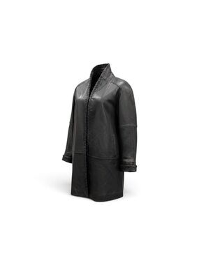 Women's Black Leather Open-Front Long Coat